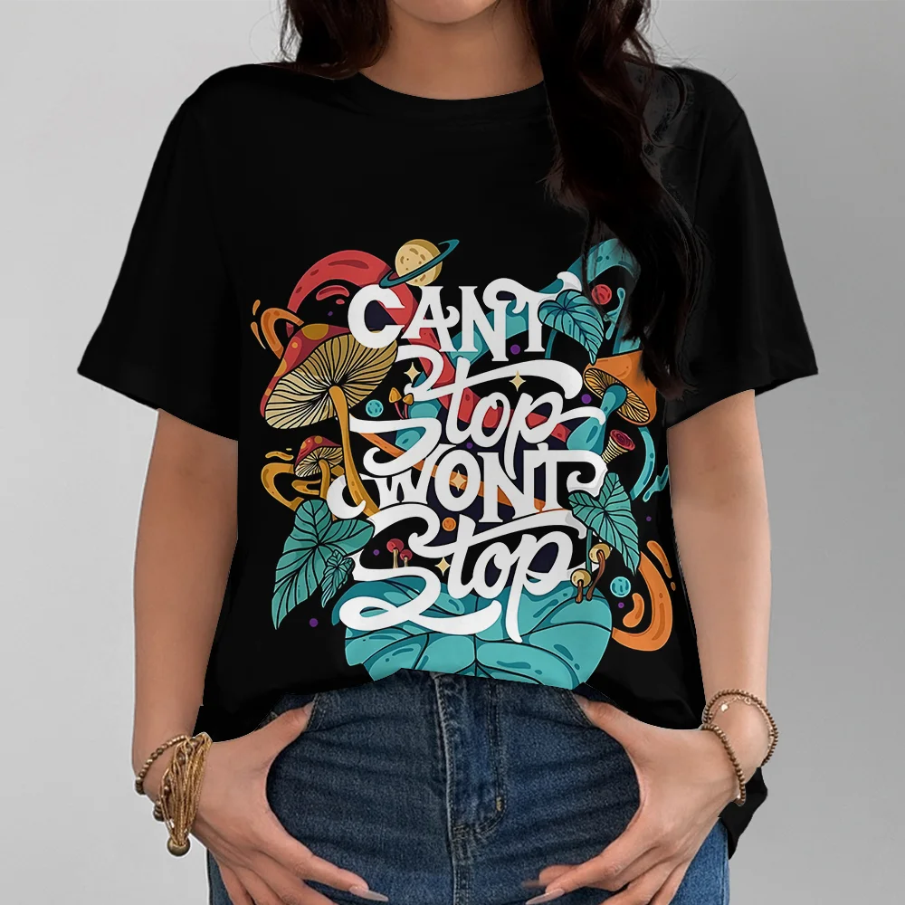 Plant Mushroom Black Pattern Women's T-shirt - Art Street Style Casual Fashion Comfortable Short Sleeve - Image 3