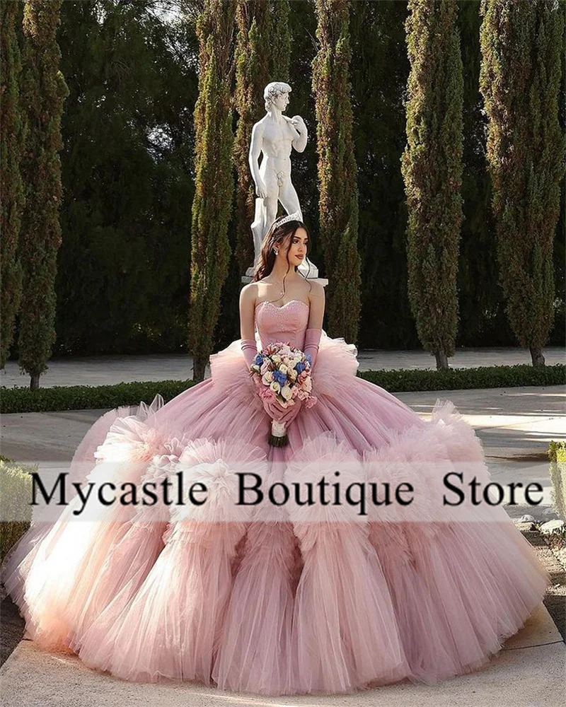 

Pink Tulle Ruffle Pleats Long Train Quinceanera Dresses 2025 Princess Ball Gown Sweet 16 Dress Birthday Party Gown Customized