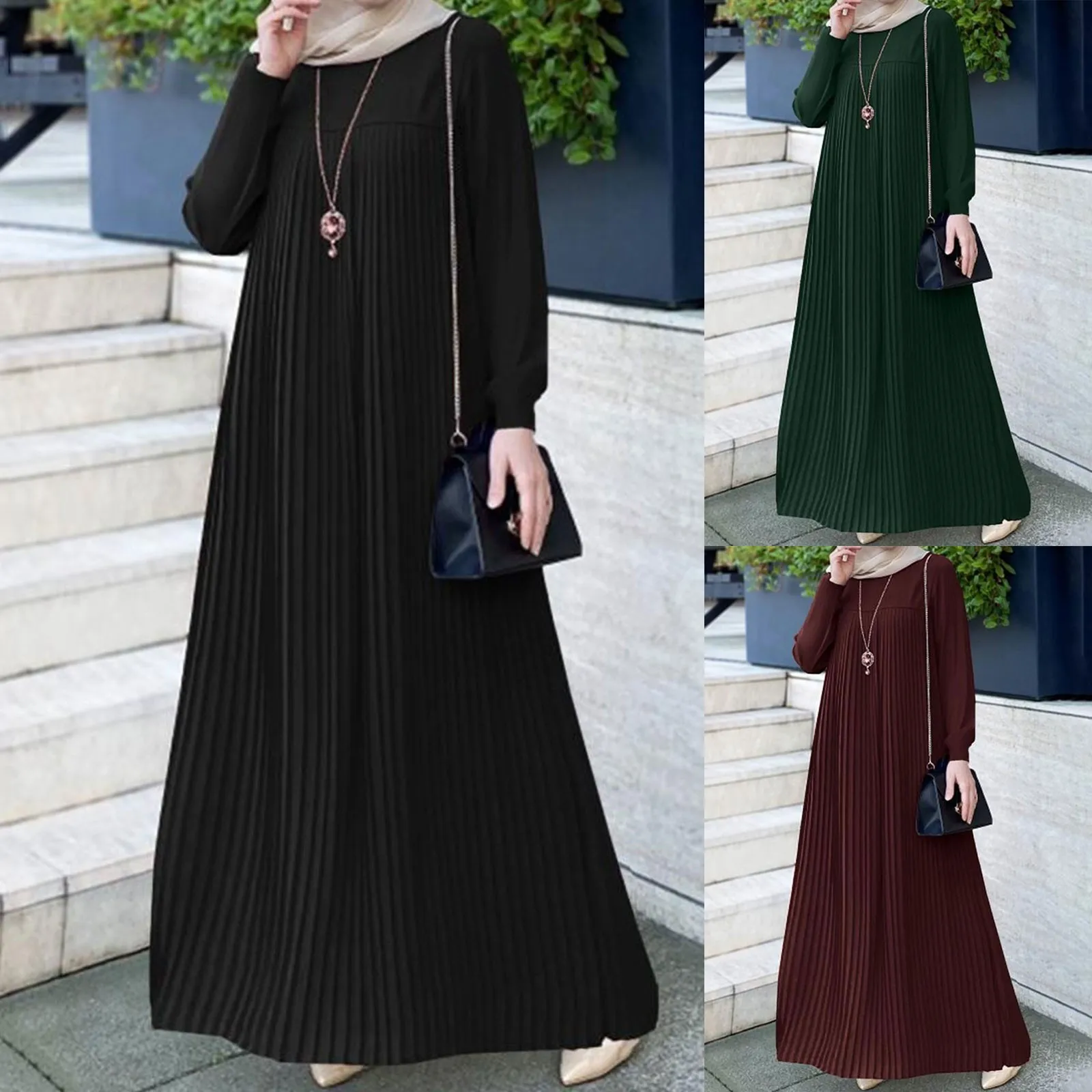 Muslim Abayas Dubai Arab Robe For Women Solid Colour Round Neck Long Sleeve Pleated Long Dresses Ramadan Dress Islamic Dress