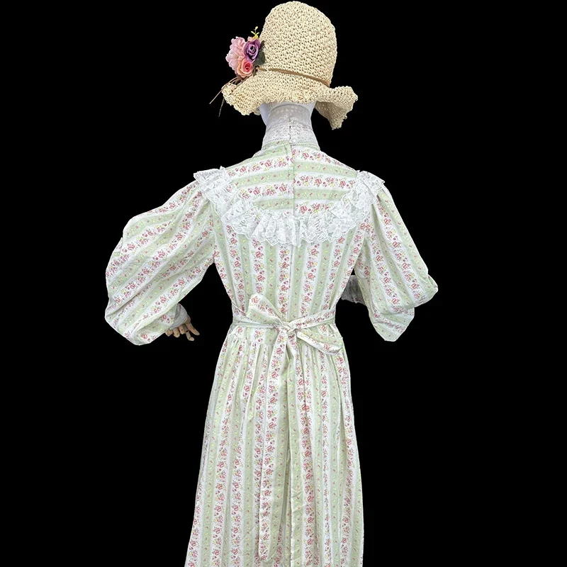 AnXin SH vintage princesa verde algodón rosa pequeña flor encaje blanco cuello alto manga larga cremallera vestido de noche personalizado