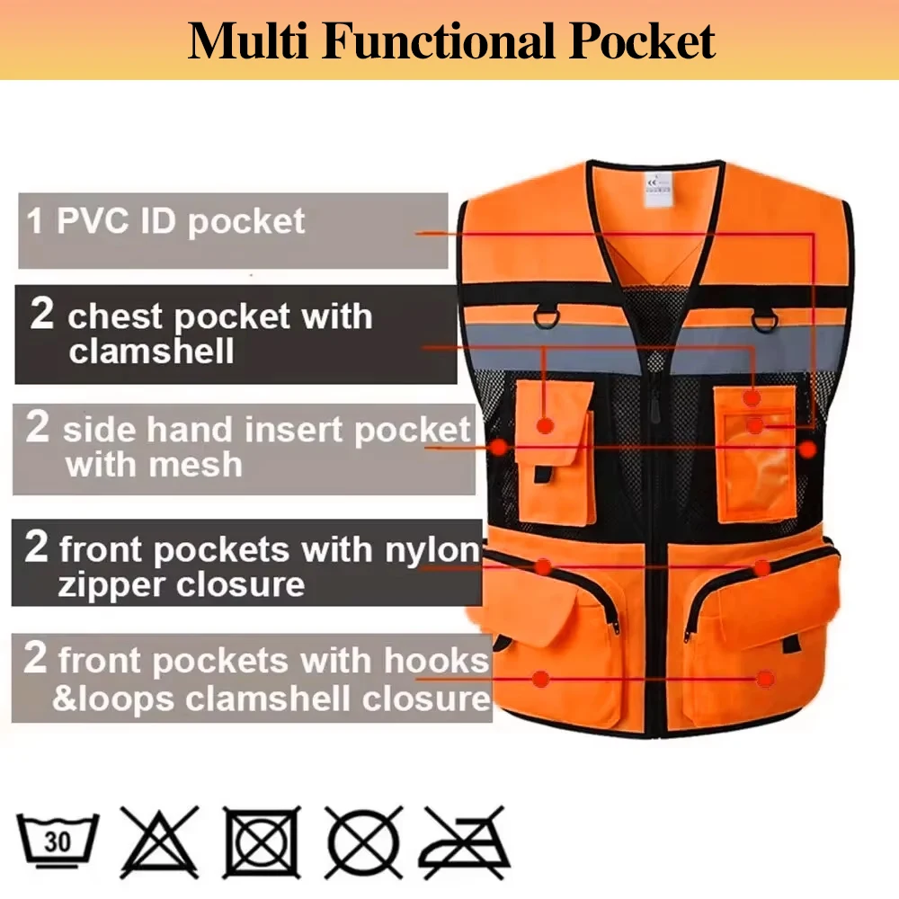 Orange Workwear Vest Custom Logo and Text Hi Vis Vest Mesh Breathable Tooling Working Vest for Men Construction Work