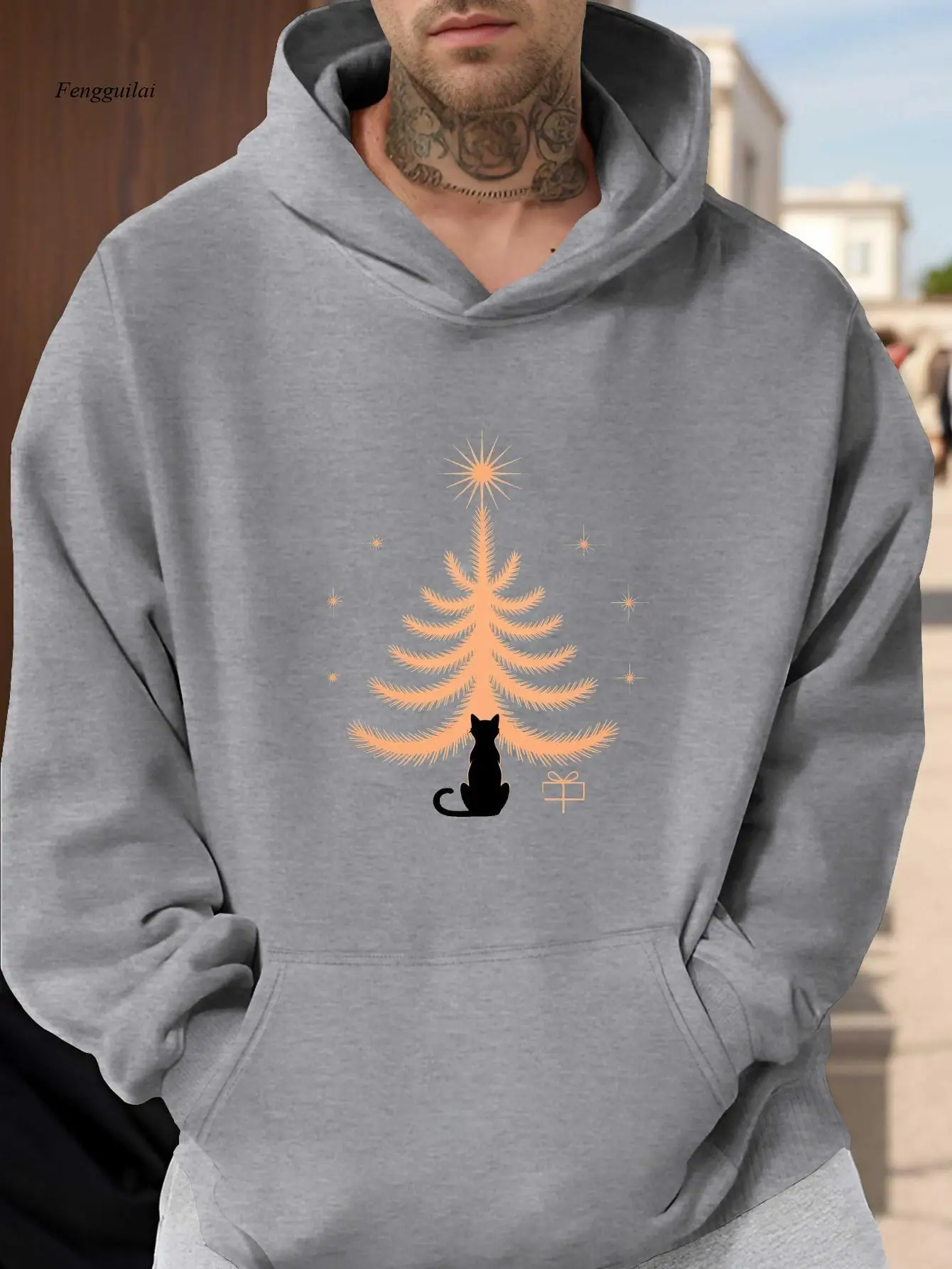 Christmas Cat & Tree Print Hooded Sweatshirt - Oversized Relaxed Fit Black Sweater with Golden Glittery Fir Tree & Cat Design