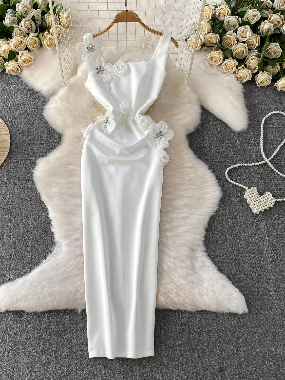 Abito da sera Ele da donna di fascia alta impreziosito slim fit colletto quadrato lungo Dr Ball Dr Sli ricamo floreale 3D