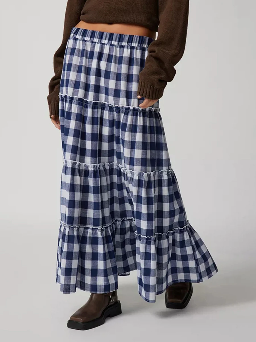 

Women s Plaid Y2K Long Skirt Elastic High Waist Frill Trim Ruffled Gingham A-Line Skirt Summer Retro Tiered Boho Dress