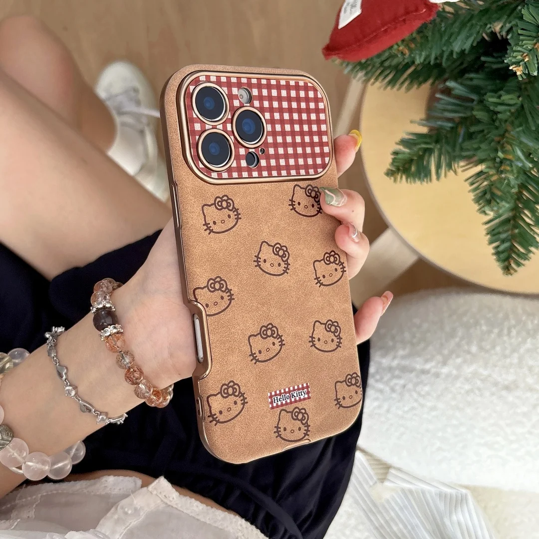 Милый кожаный чехол с рисунком «Hello Kitty» для iPhone 17, 16, 15, 14, 13, Pro Max 16 Plus, мягкий чехол для камеры «все включено»