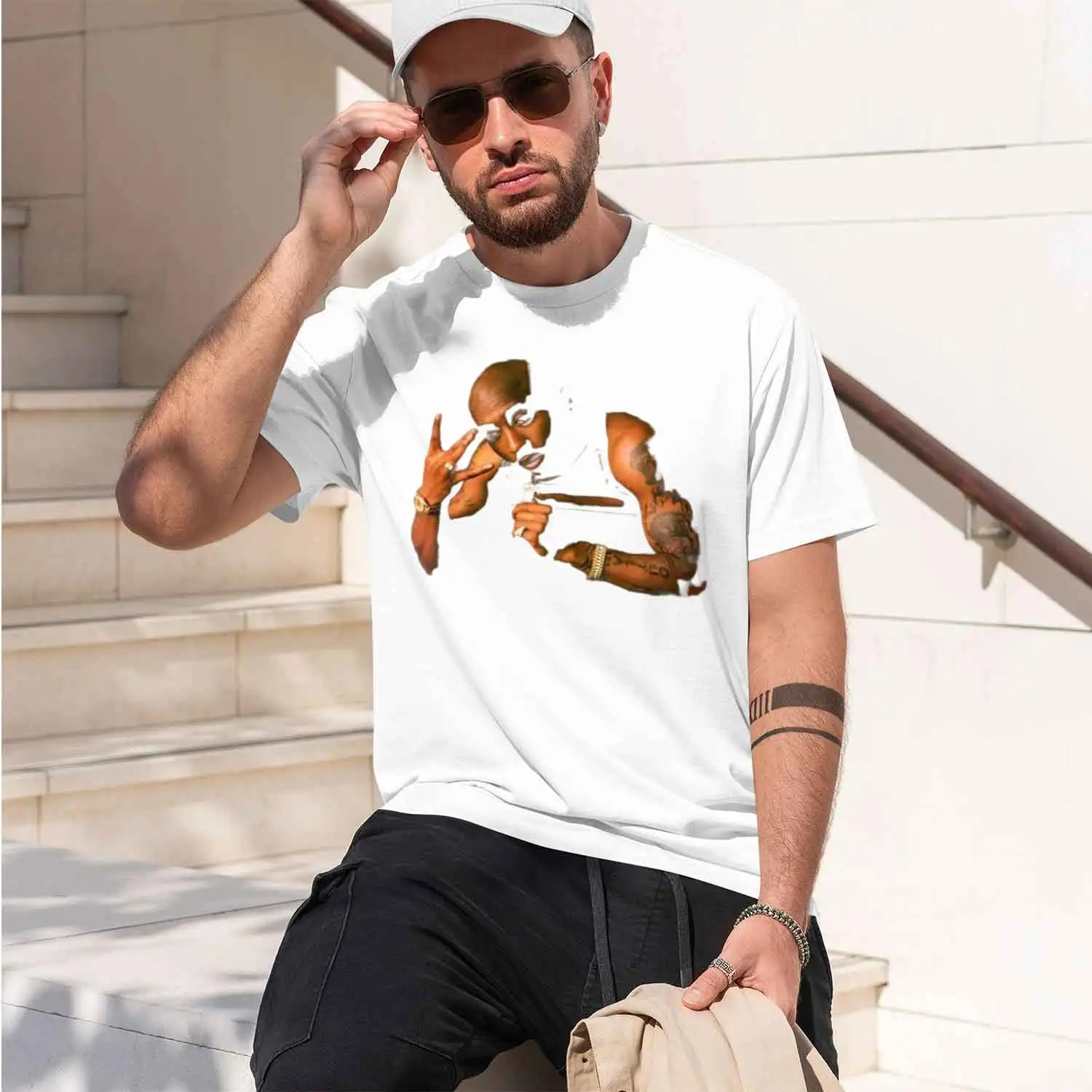 Streetwear Style Men's T-Shirt With Tupac Shakur Portrait And Tattoo Details For Casual Wear In Summer And Fall Perfect Gift For