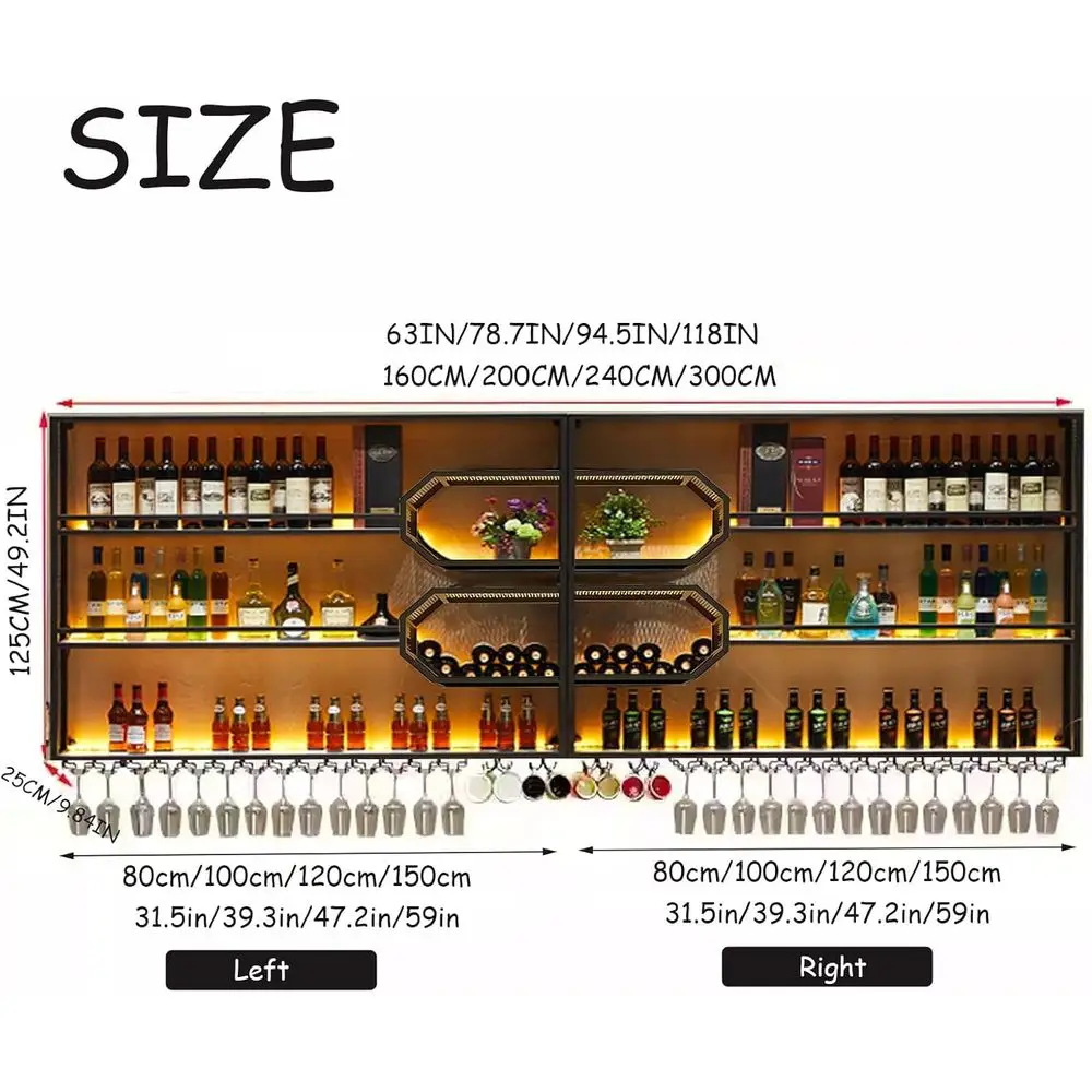 78.7 Wall-Mounted 4-Tier Wine Rack with LED Light, Liquor Bottle Floating Shelves for Home Bar & Dining Room Storage