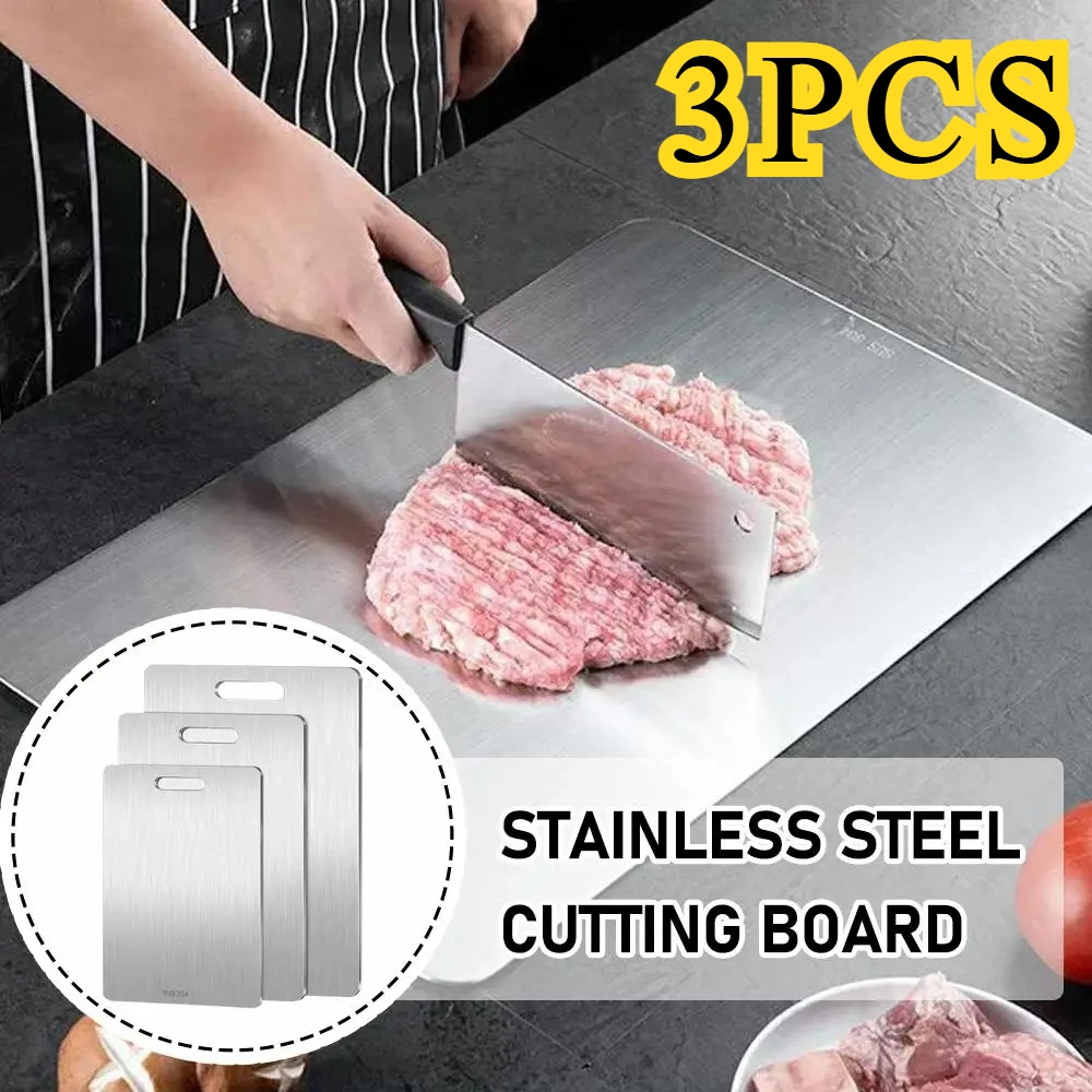 

3PC Stainless Steel Cutting Board-Thickened 2-Side Meat/Veg/Dough,Dishwasher Safe NonSlip Kitchen Board,Durable Chopping Mat