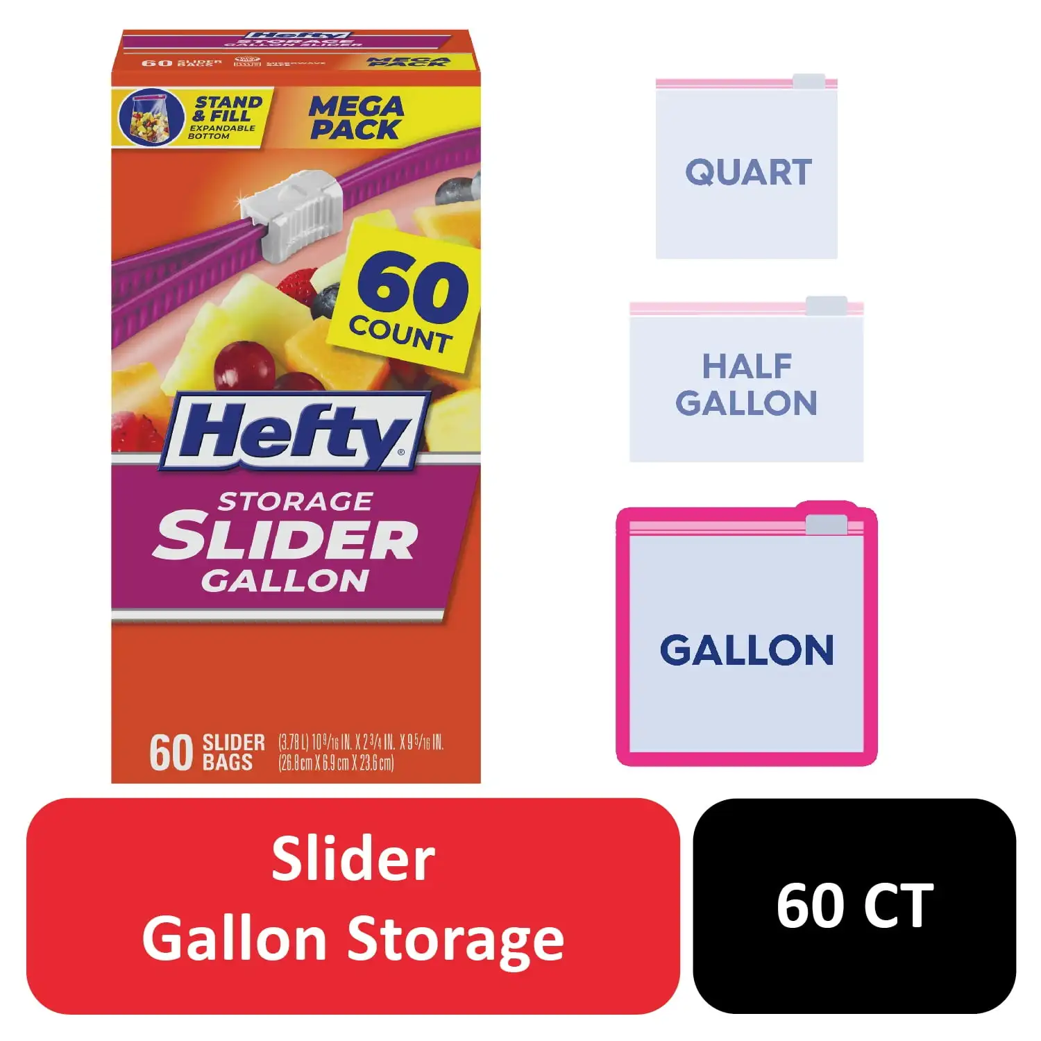 

Hefty Slider Kitchen Storage Bags, Gallon Size, 60 Count