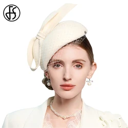 White Wool Felt Beret Fascinator Hat Winter Elegant Top Hats For Women Lady With Bow Veil Church Party Church Wedding Cocktail