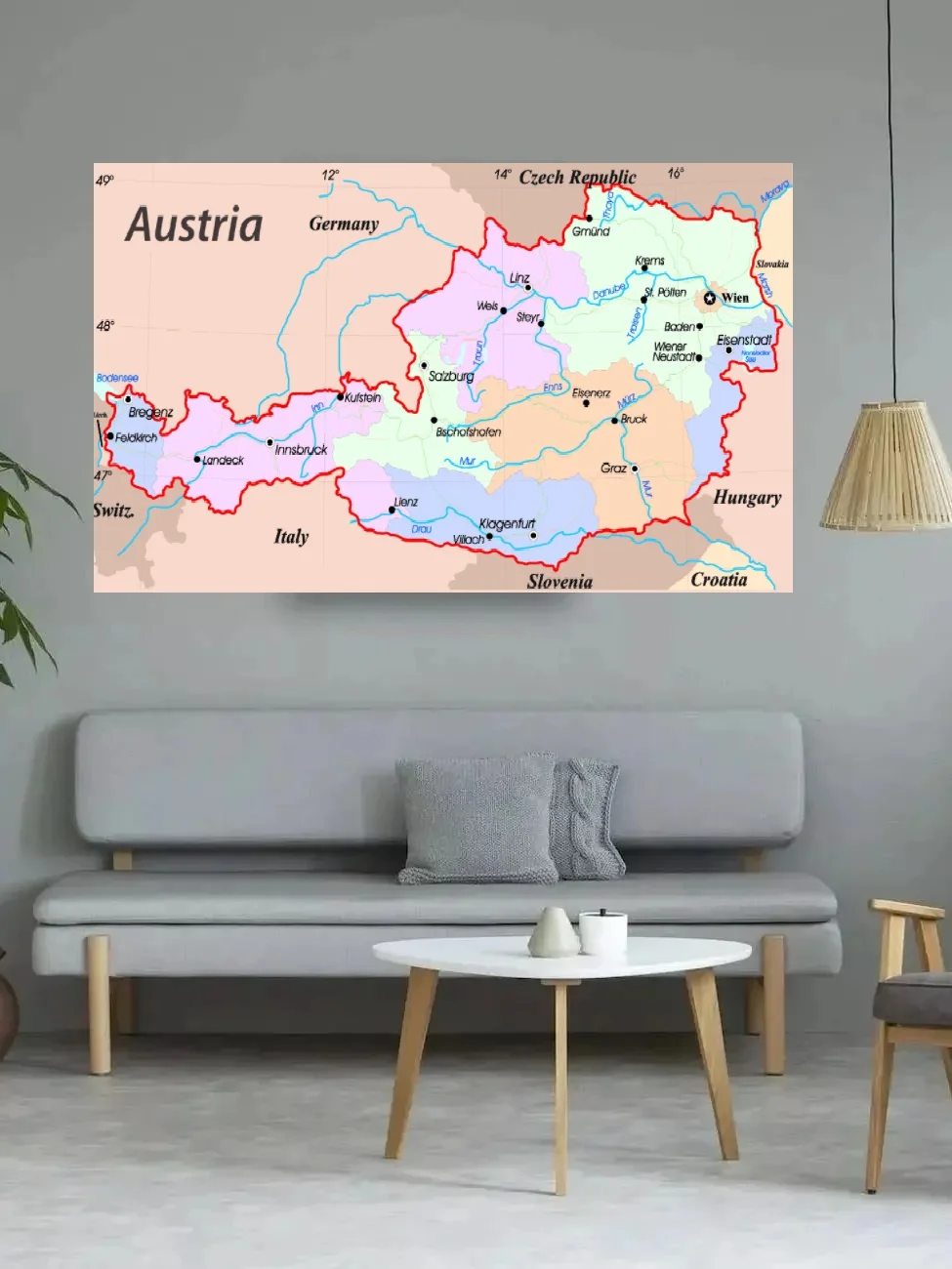 Austria Map, Print Art Canvas Poster, For Living Room Decoration, Home Wall Decor Picture