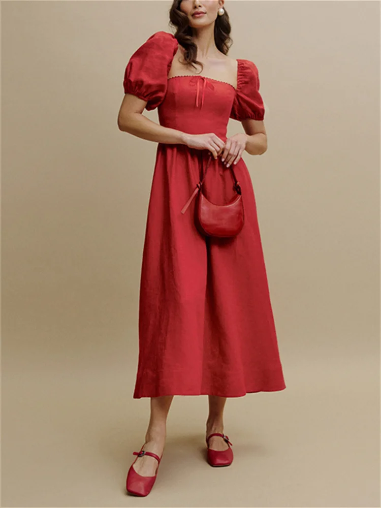 Linen Ladies Square Collar Slim Elegant Long Robe Women Solid Color Vintage Puff Sleeve Mid-Length Dress Summer 2024 New