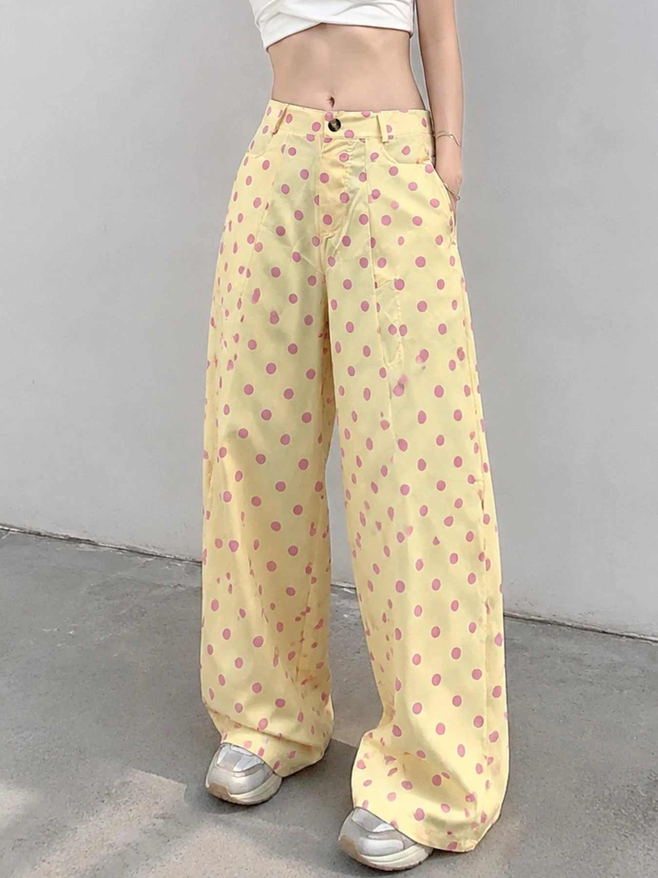 Vintage Polka Dot Print Women Baggy Trousers High Waist Button Closure Back Elastic Waist Side Pockets Loose Casual Harem Pants