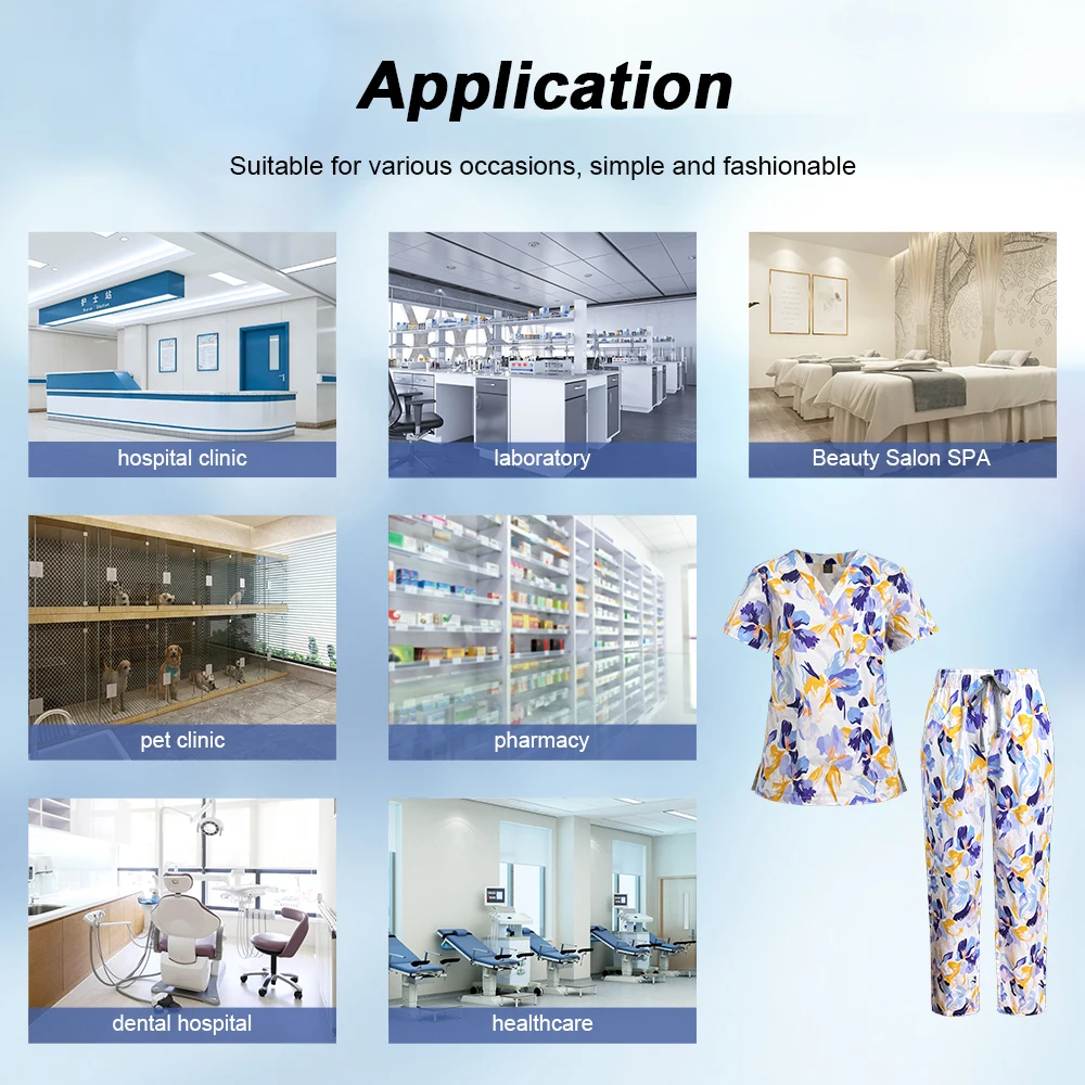 Modieuze bloem bedrukte verpleegsters werkkleding medische accessoires verpleegstersuniformen vrouwen scrubs sets shirt met korte mouwen zakbroek