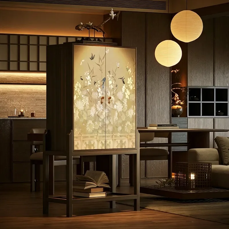 Song Style Aesthetics Flower and Bird Pattern Solid Wood Porch Cabinet Dining Side Cabinet Set Living Room Storage Antique