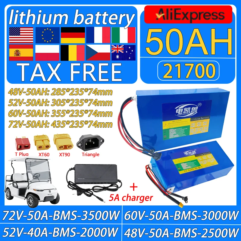 

Новый литиевый аккумулятор 50 Ач, 48 В, 52 В, 60 В, 72 В, 21700, 2000 Вт-3500 Вт, BMS высокой мощности, подходит для мотоциклов/тиков/велосипедов, беспошлинный