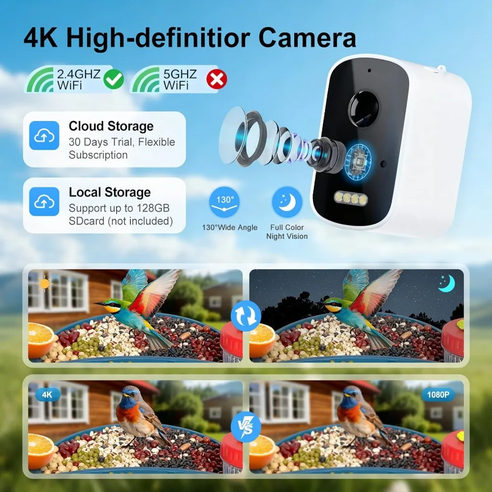 وحدة تغذية الطيور مع كاميرا تعمل بالطاقة الشمسية، بيت الطيور بالفيديو عالي الدقة بدقة 4K، تحديد أنواع الطيور بالذكاء الاصطناعي، البث المباشر والرؤية الليلية
