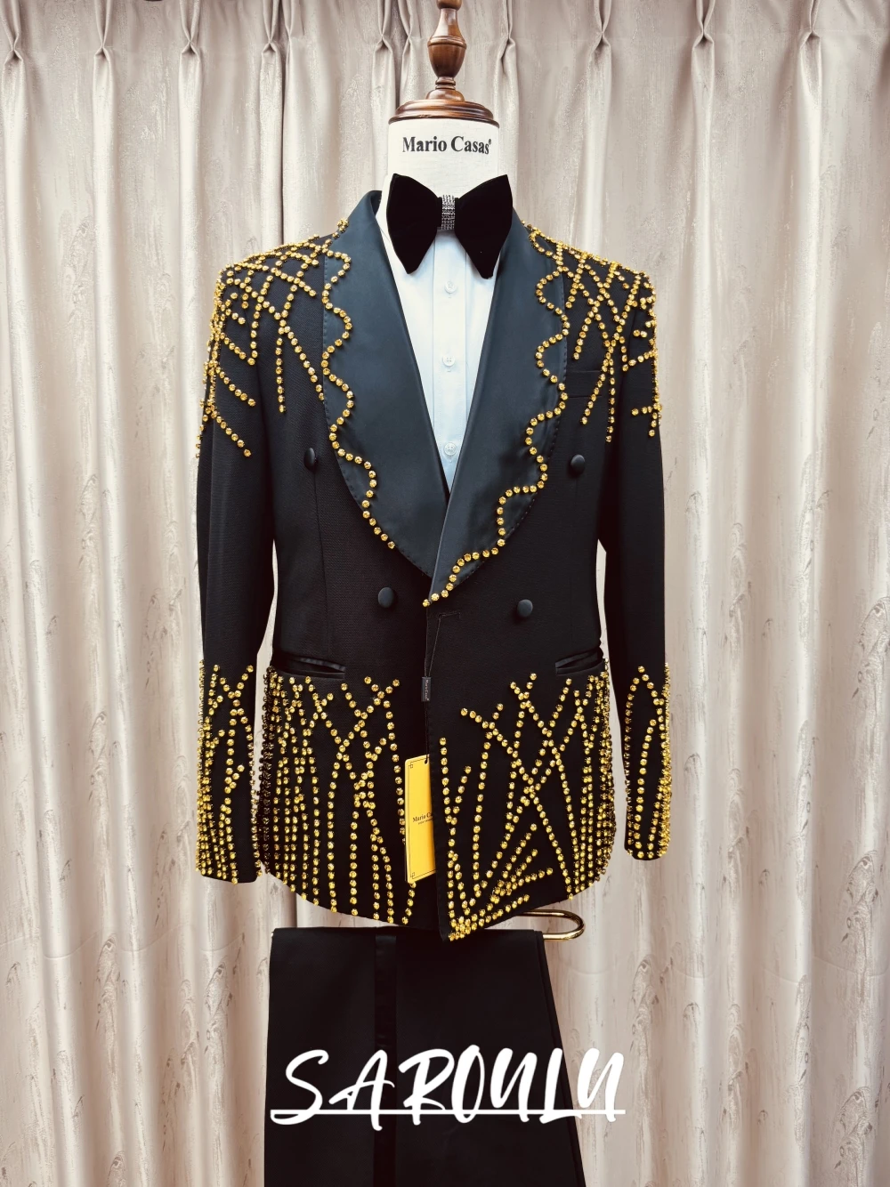 

Golden Rhinestone Men's Two Piece Suit Set With Shawl Lapel Luxury Black Tuxedo For Man New Arrival Fast Shipping Groom Wear