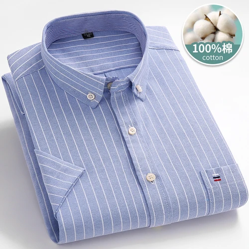 Imagen 2 del producto Camisa clásica de manga corta para hombre, camisa 100% de algodón Oxford, informal, suave, a cuadros, a rayas, de negocios, ajustada, talla grande 7XL, 6XL