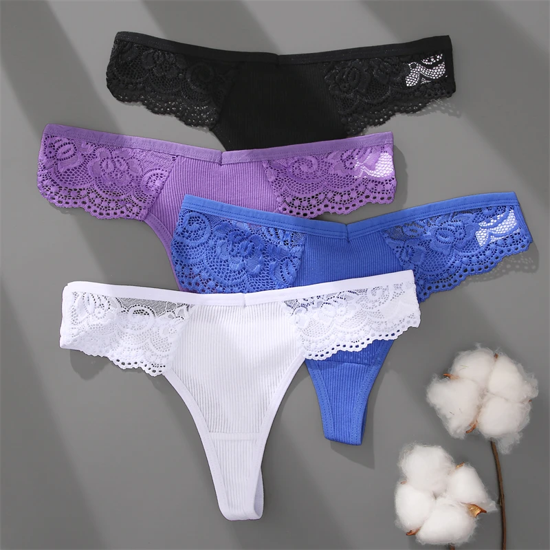 FINETOO 3Pcs Women\'s Cotton Underwear Lace Thongs Sexy Solid Color Low Waist Bikini Panties Ladies Breathable G-string Lingerie