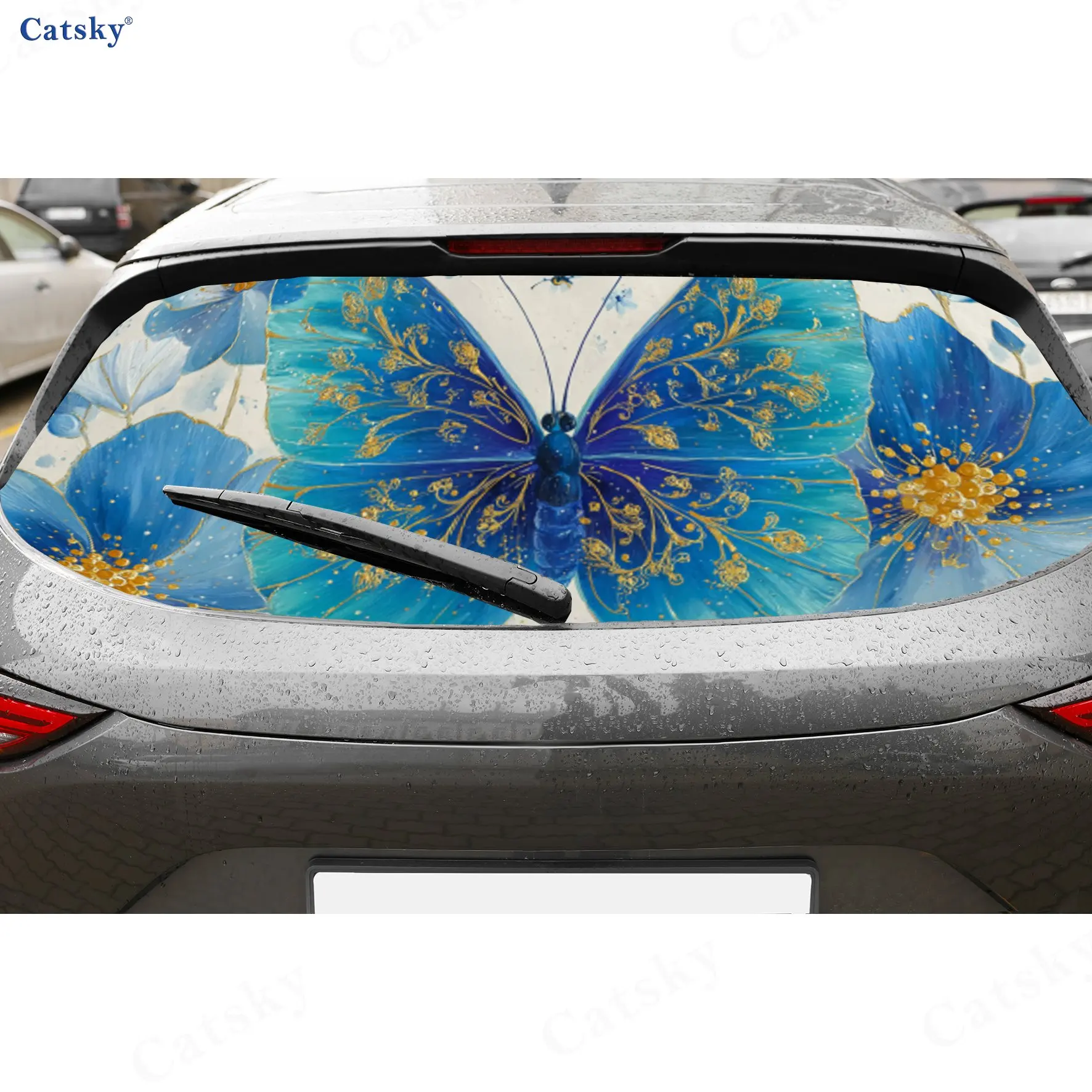 

Blue Gold Butterfly Art Luxury PVC Perforated Car Vinyl Wraps, Durable Car Rear Windshield Sticker, Waterproof Car Rear Window