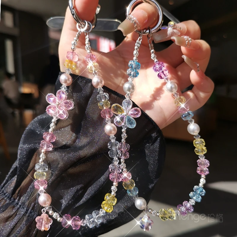 Fairy Crystal Flower Beaded Phone Wrist Strap, Ins Style Charm Phone Chain