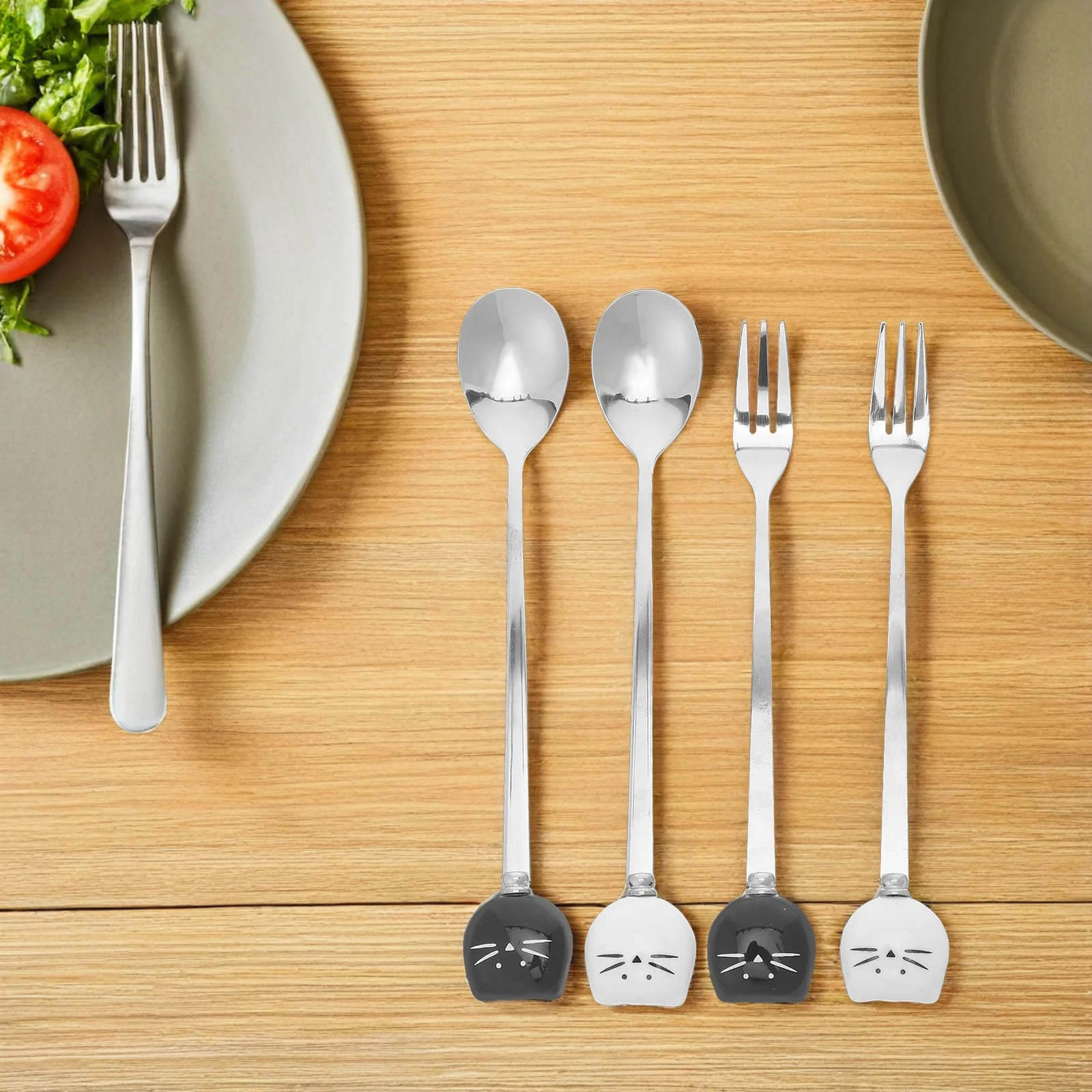 4 قطعة ملعقة قهوة على شكل قطة من السيراميك وشوكة الحلوى مجموعة صغيرة على شكل قطة شوكة فواكه اثارة ملعقة لحفلة شاي الإسبريسو