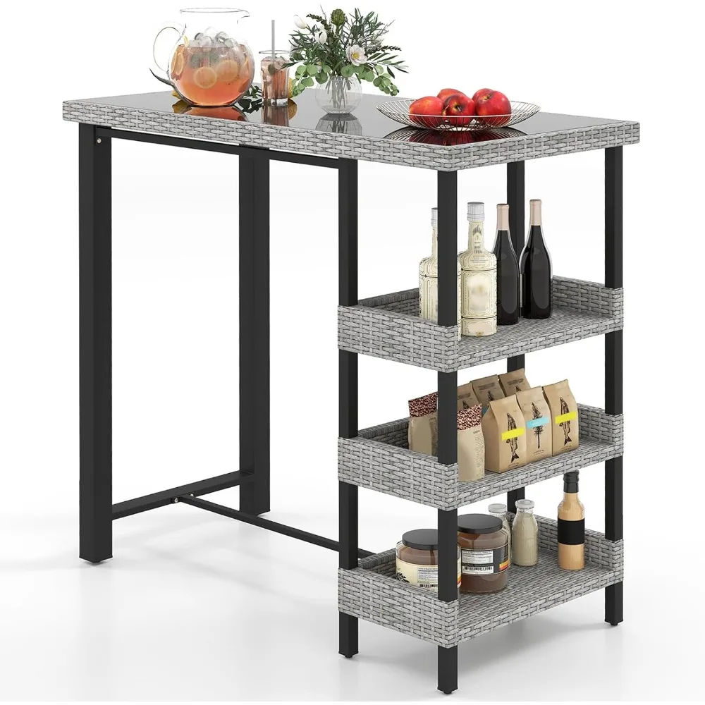 

43.5” Outdoor Bar Table, Wicker Bar Height Dining Table w/Tempered Glass Top & 3 Rattan Shelves, Patio Metal Furniture