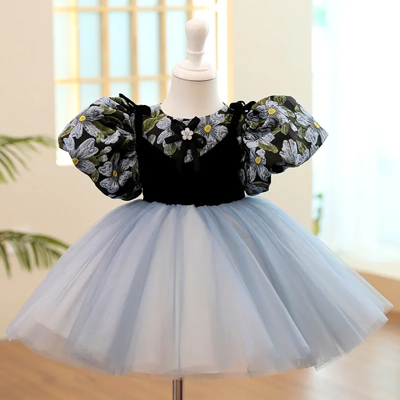 Customized O-neck Baby Birthday Party Dresses Puff Sleeve Sweet Princess Ball Gown Vestidos 2024 Summer Chic Elegant Flower Girl