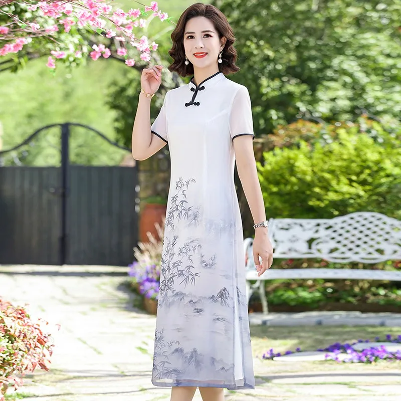 

High Quality Vintage chiffon Dress summer Dresses Women Short sleeve Evening Party Dress For Middle Age Mom cheongsam Vestidos