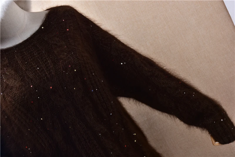 Dames femmes automne hiver mode perles paillettes poilu Angora lapin cheveux tricoté col rond manches longues Pull ample Pull Pull