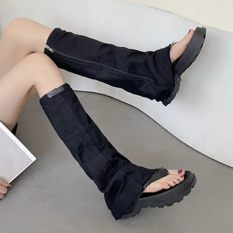 2023 New Women Boots Dark StyleJeans Knee-High Summer Slip-On  Round Toe Slipper Boots Styeet Style