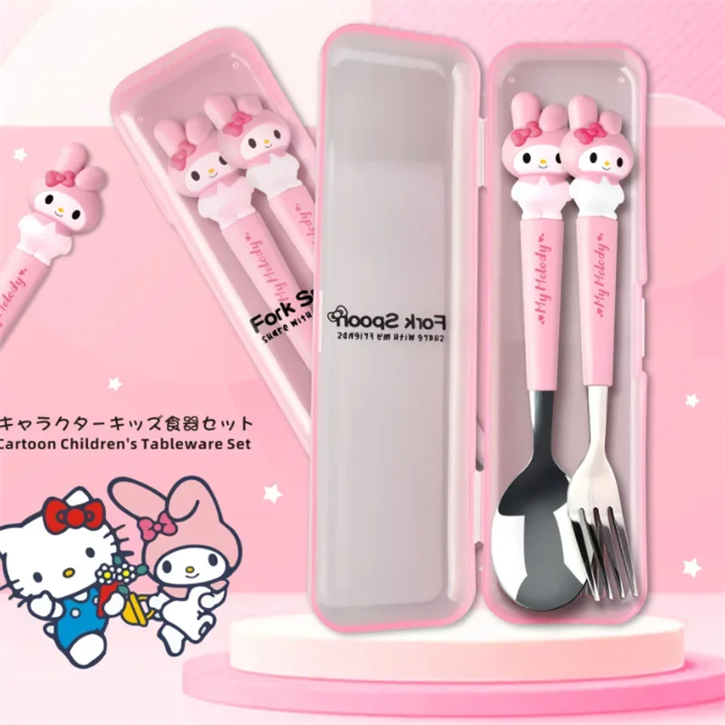 Children Tableware Hello Kitty Melody Kuromi Silicone Handle Tableware Two-piece Set Cinnamoroll Fork Spoon Kids Gifts image 4