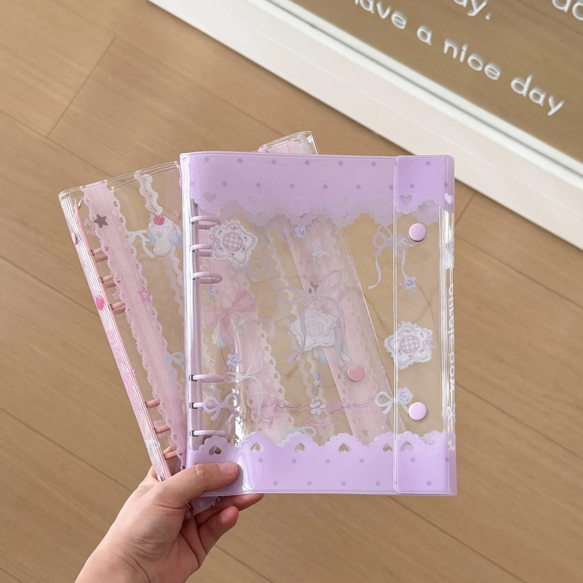 A5 Double Buckle Bowknot Transparent PVC Soft Cover Color Clip Binder Sticker Guka Notebook Office Stationery