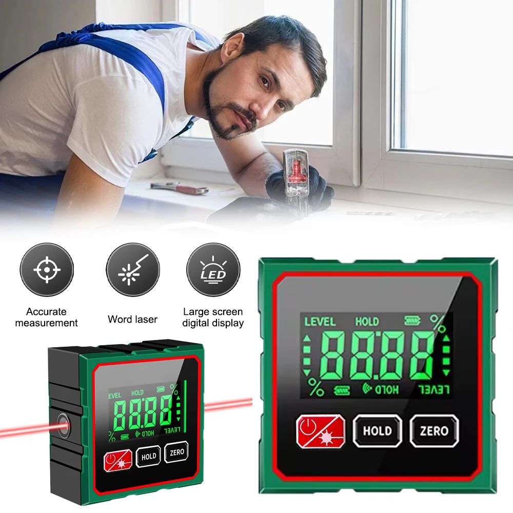 Magnetischer Digitaler Winkelmesser mit Laserlinie, 360° ° Elektronischer Neigungsmesser, Typ-C wiederaufladbares Winkelmessgerät für Holzbearbeitung, Bau, Automobil und Heimdekoration