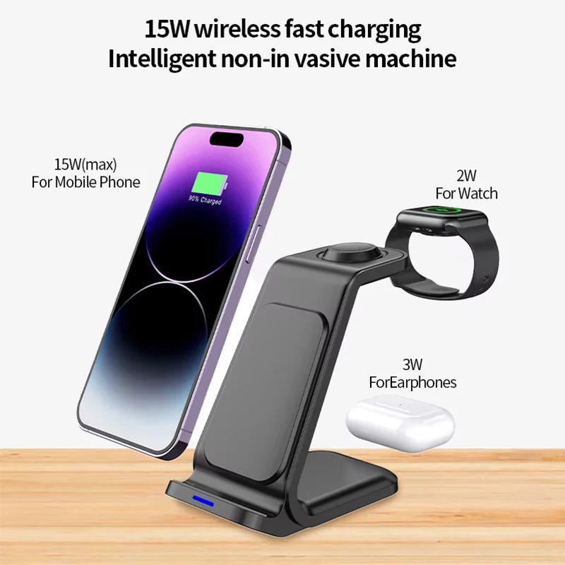 15W 3 in 1 Wireless Charger Stand Dock For iPhone Samsung Xiaomi OPPO Apple Watch 8 7 AirPods Induction Fast Charging Station