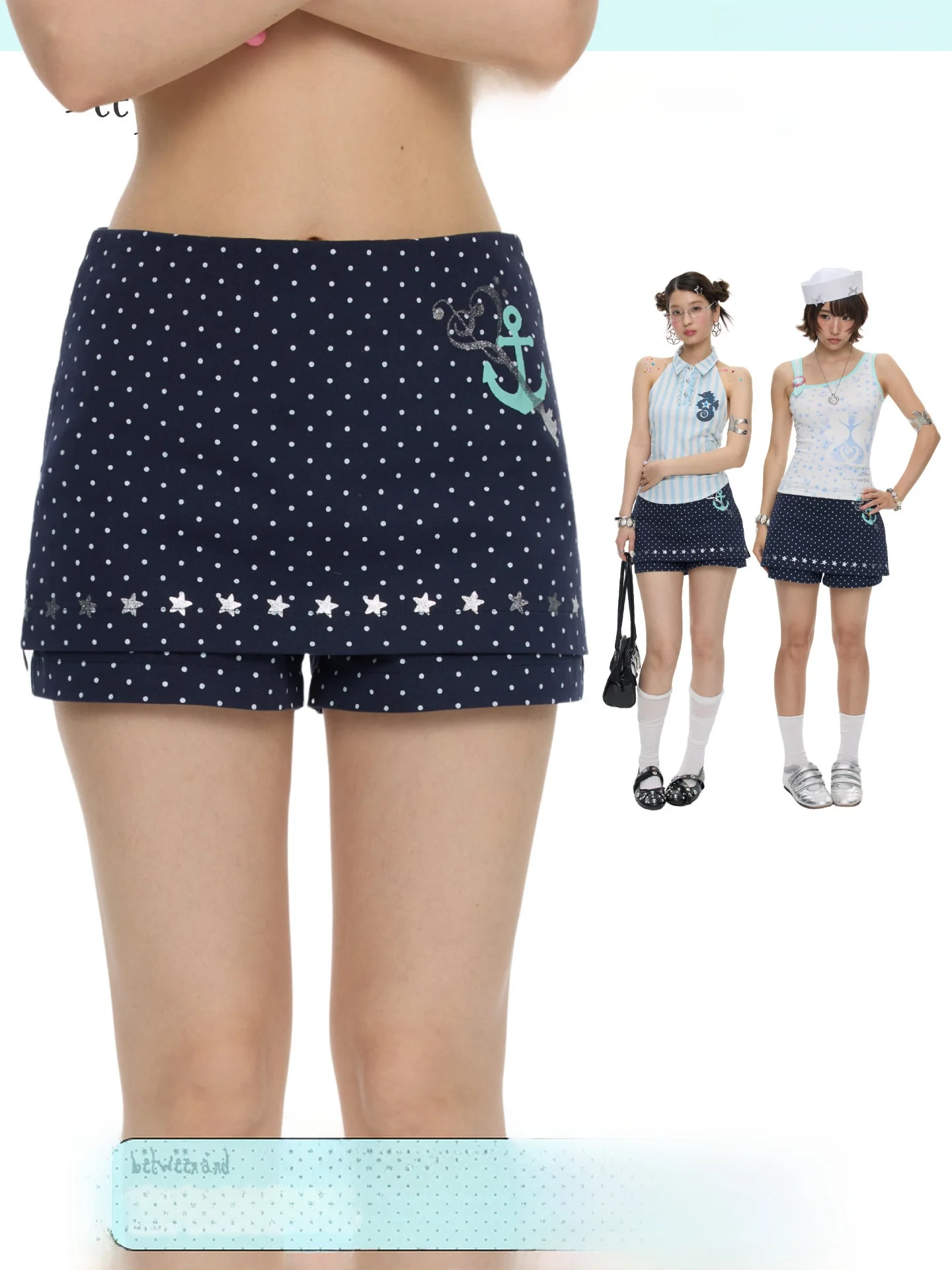 Summer Deep Blue Polka Dot Print Skirt Pants Half Skirt Shorts Versatile Slimming High Waist Cotton Commute Style Women's Fas...