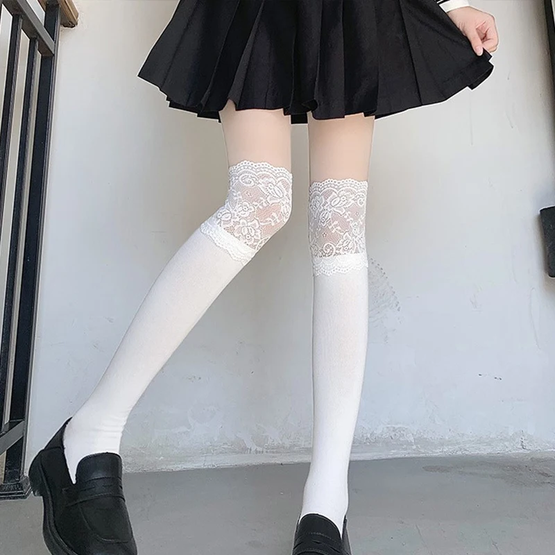 Weiße knielange Strümpfe für Damen, Lolita-Wadensocken, mittellange Kniestrümpfe, süße Oberschenkelflorsocken