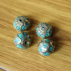 BD273 Nepal Handmade Beads Brass Turquoises Stone 18mm*15mm Diy Beads Jewelry Accessories 4 Beads Lot