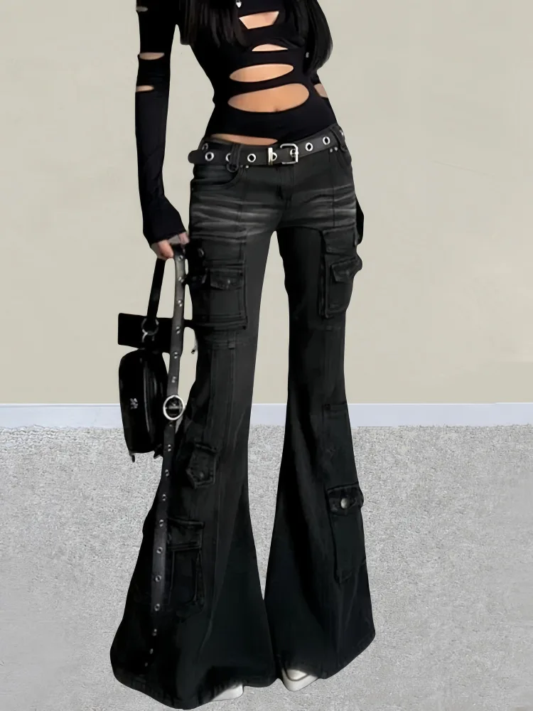 

Black Low Waist Cargo Jeans 2000s Distressed Whiskers Multi-pocket Stretch Bootcut Pants Women Retro Grunge Streetwear