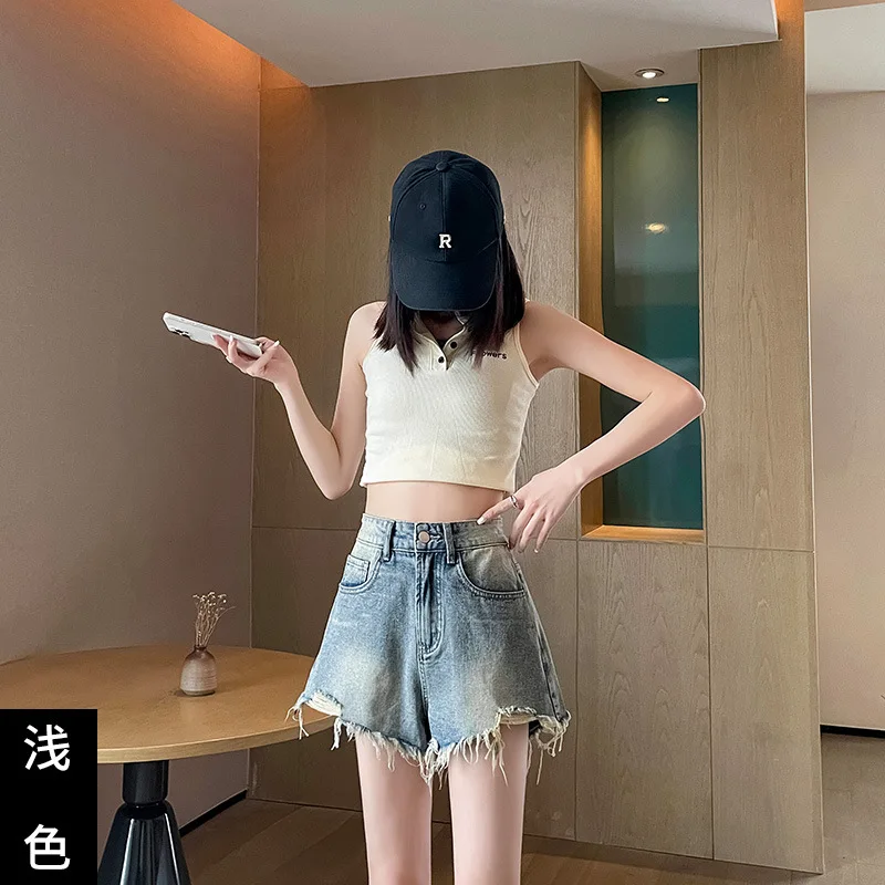 Short à jambes larges pour femmes, nouveau pantalon Vintage déchiré, taille haute, ample, ligne a, tendance, Style fin, été