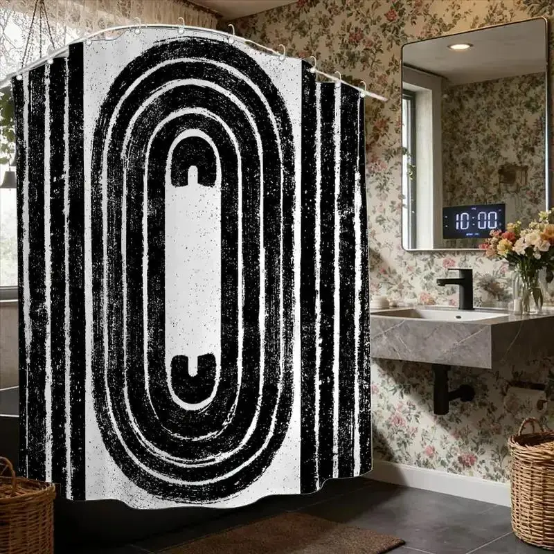 

Abstract Brushstroke Shower Curtain – Black White Concentric Oval & Textured Stripes, 12 Hooks,Waterproof Minimalist Decor