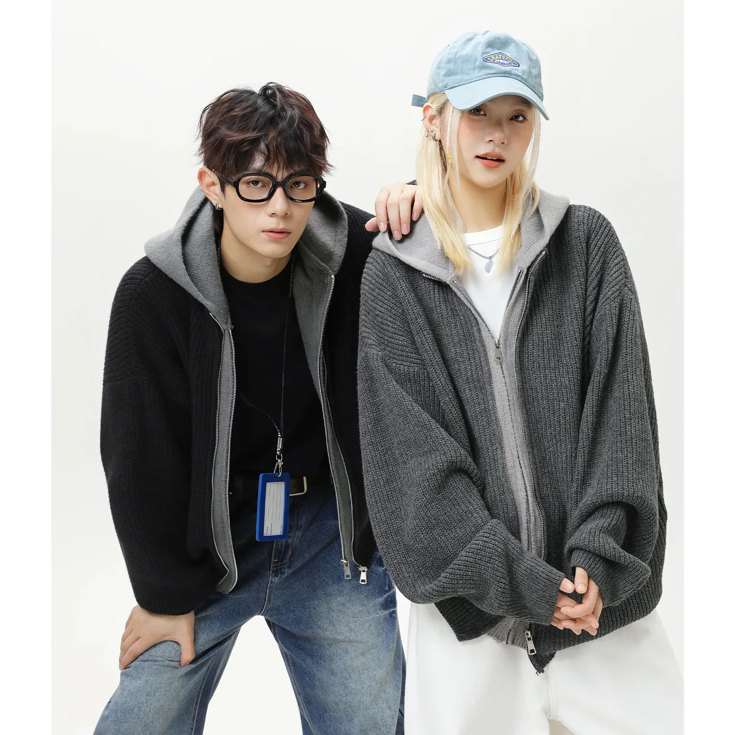 Fake Two Cardigans Hooded Sweater for Men and Women Autumn/winter Couple Loose and Lazy Retro Knitted Sweater Jacket