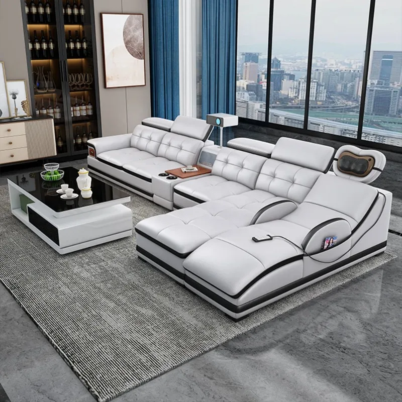 

Bluetooth Speaker and Massage Italian Leather Sofa Set with USB, Cup Holder, Adjustable Headrests, Projector Living Room Couch