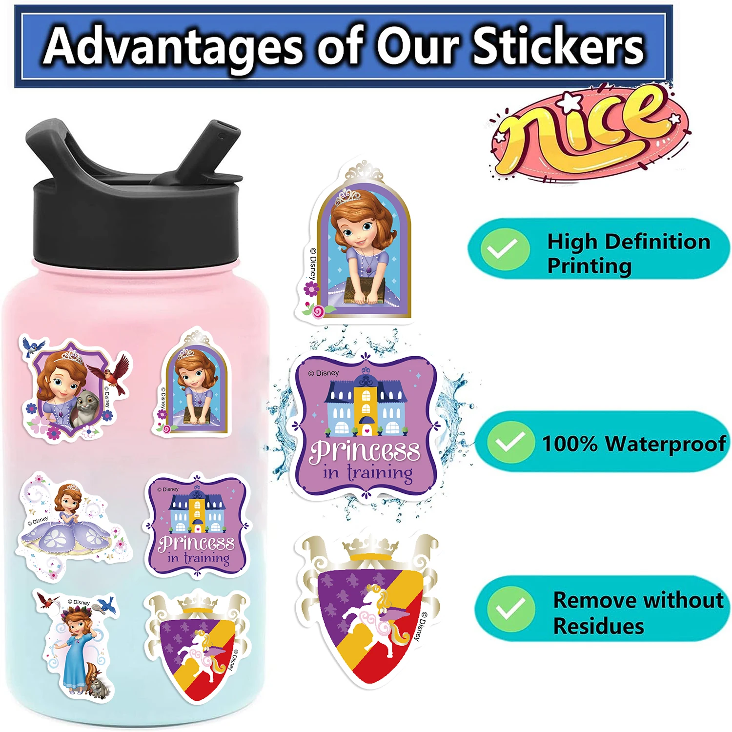 50PCS Disney Cartoon Sofia Cute Princess PVC Sticker DIY Phone Water Bottle Luggage Girls Decal Skateboard Graffiti Classic Toys