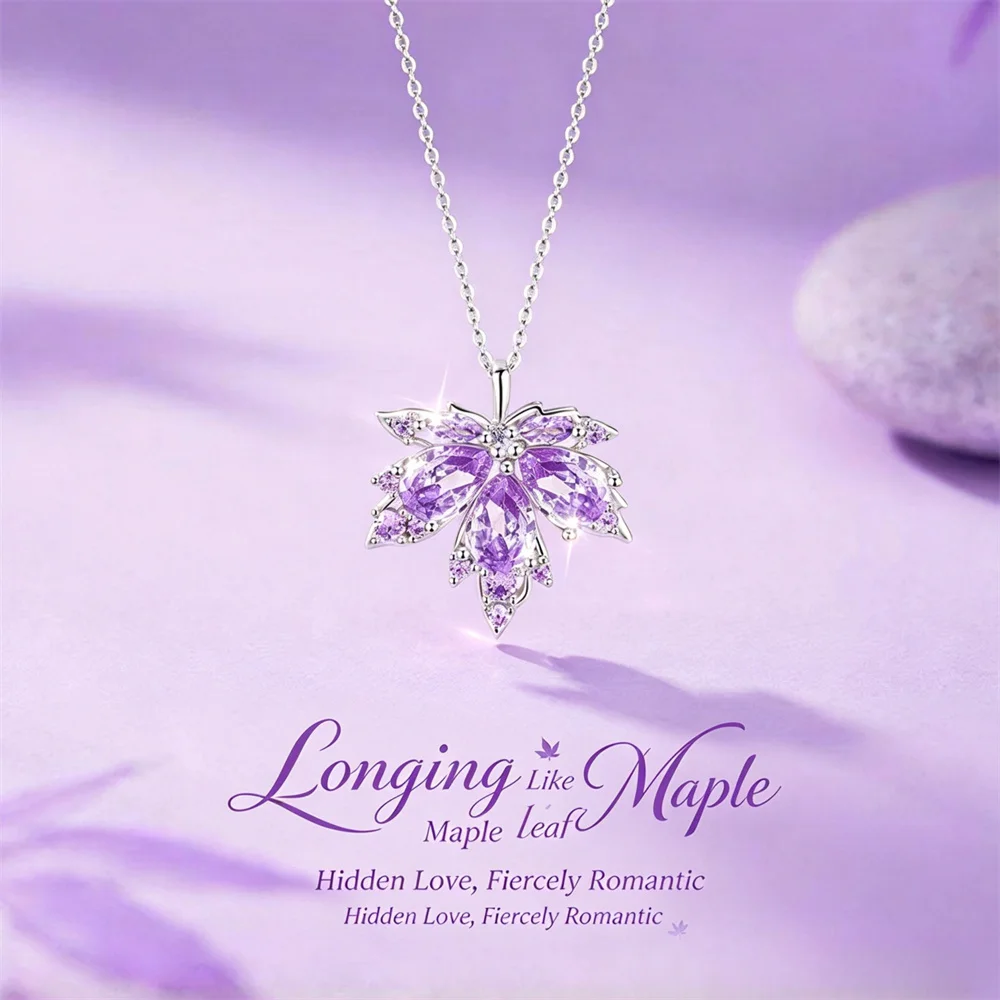 OUYADI S925 Sterling Silver Maple Leaf Necklace for Women,Luxury Purple Zirconia Pendant Clavicle Chain Romantic Jewelry Gift