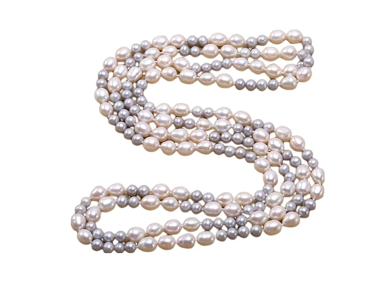 Terisa Pearl Jewelry 8-10mm white rice freshwater pearl with round grey pearl necklace Wedding Birthday Party Chirtsmas Gift