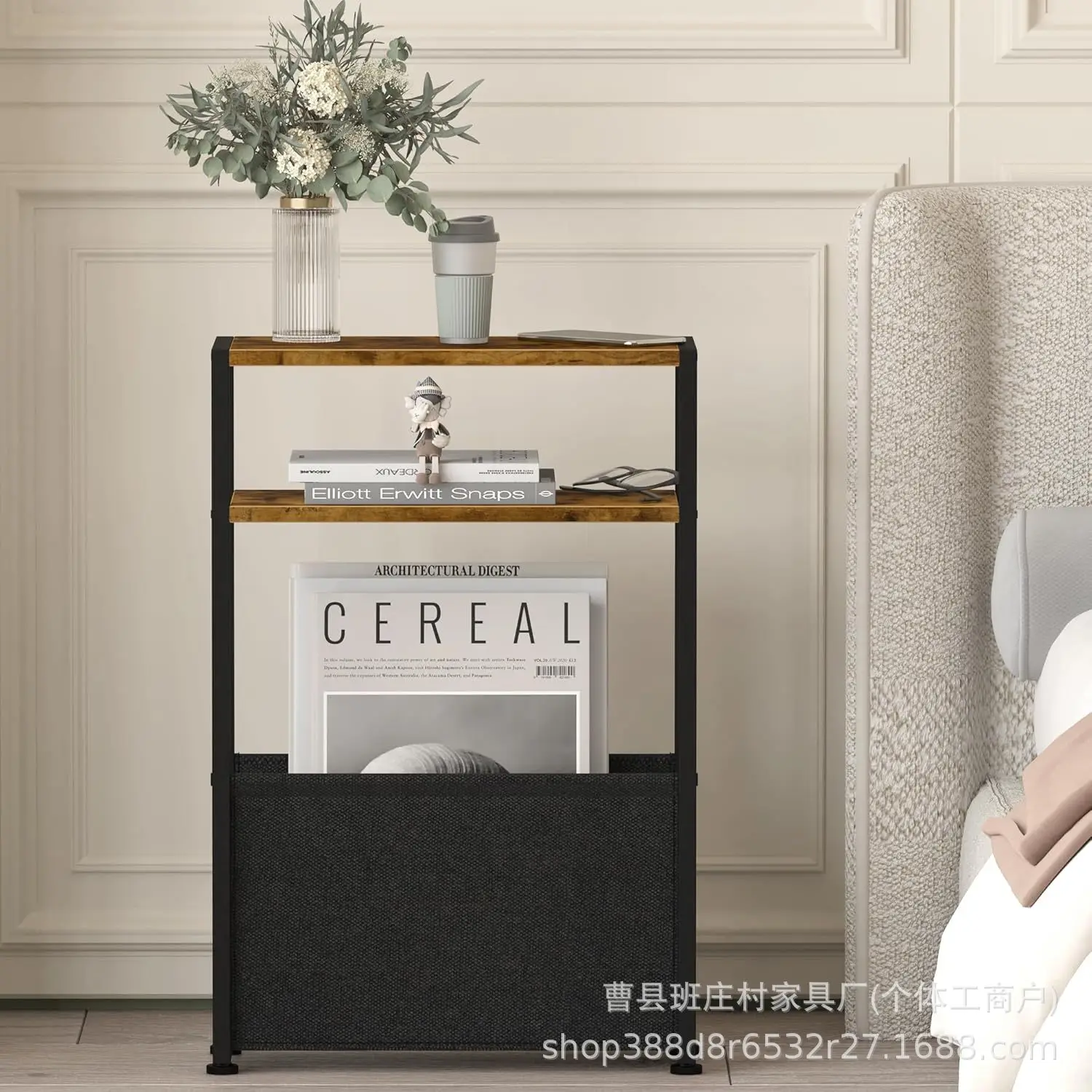 Narrow side table with fabric basket Slender side table Bedroom bedside shelf Living room Couch Super narrow table - view 2