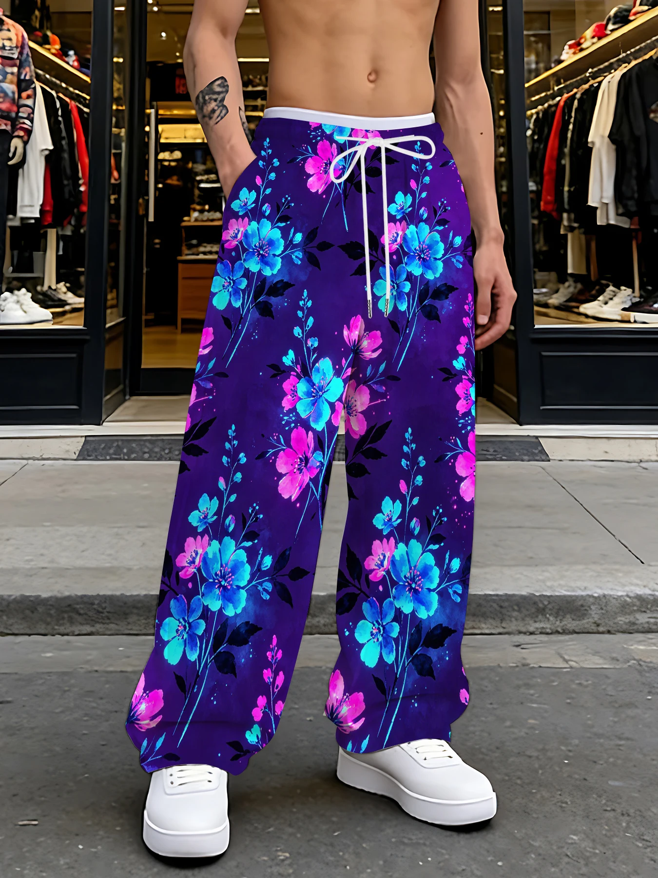 

Men's Printed Straight Leg Pants Abstract Art Design Drawstring Waist Loose Fit Summer Beach Casual Vacation Travel Trousers