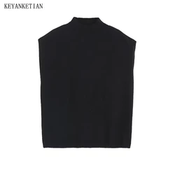 KEYANKETIAN 여성용 블랙 울 스웨터 조끼, 심플한 스타일 모크넥 스트레이트 얇은 민소매 풀오버 니트 탑, 2024 가을 신상
